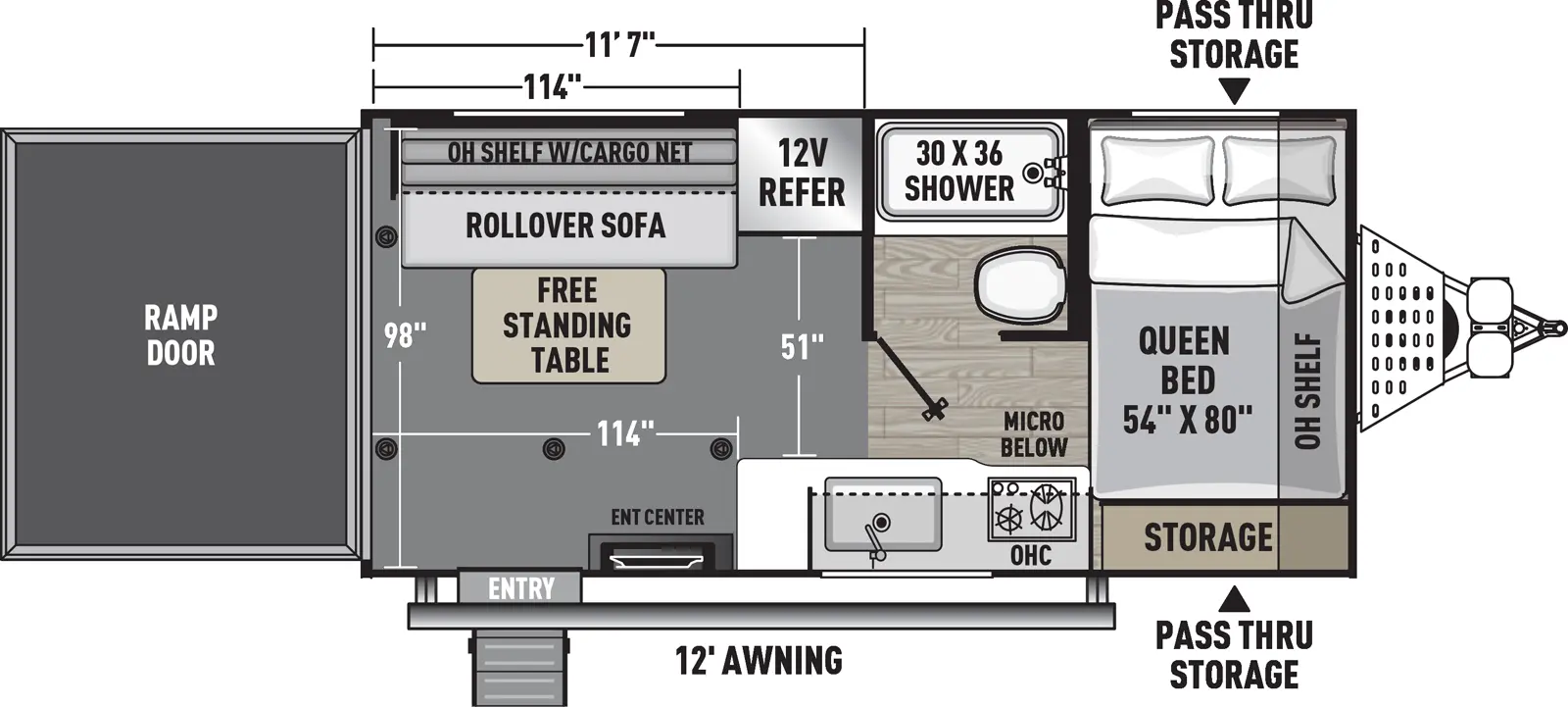 The Work and Play 18LT floorplan is a toy hauler that has one entry and zero slide outs. Exterior features include: fiberglass exterior and 12' awning. Interiors features include: front bedroom.